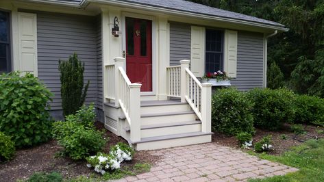 Front steps before and after repairs – Gordon Harris Porch Steps With Railing, Porch Steps With Landing, Steps With Railing, Porch Steps Ideas, Pvc Trim Boards, Door Stairs, Front Porch Stairs, Front Porch Steps, Front Door Steps