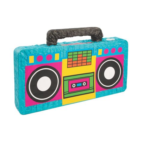 Party like it's the 80's with this fun boom box piñata! A great choice to add to an 80's party to make decorations pop, this piñata has a neon look that will easily match 80's decorations. Guests will have a great time with this totally rad boom box, whether it's used as a party decoration or as a piñata filled with treats (not included). Papier-mché. 26 1/2" x 13" Includes hanger. Piñata stick and toy & candy assortment sold separately. Make Decorations, 80s Party Decorations, Pinata Stick, 80s Birthday Parties, Birthday Pinata, Rock Star Party, 80s Theme, Boom Box, 80s Party