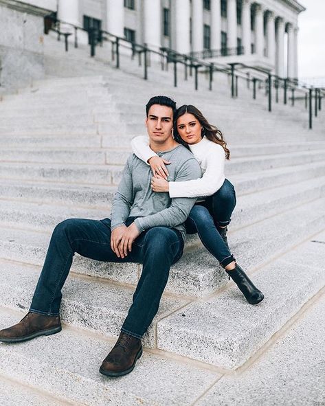 Capitol couple photo shoot SLC / Salt Lake City. Stairs couples pose idea. @dukemoose Pictures On Stairs, City Stairs, Vibe Photoshoot, Nursing Pictures, Couples Pose, Anniversary Photography, Couples Outfit, Photoshoot Pose, Happy Couples