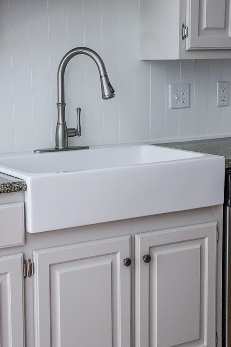 How to Add an Apron Front Sink to Existing Granite Counters | Noting Grace Beach Cottage Kitchen, Small Colonial, Timeless Farmhouse, Old Sink, Farmhouse Sinks, Fireclay Farmhouse Sink, Apron Front Sink, Modern Farmhouse Home Decor, Sink Kitchen