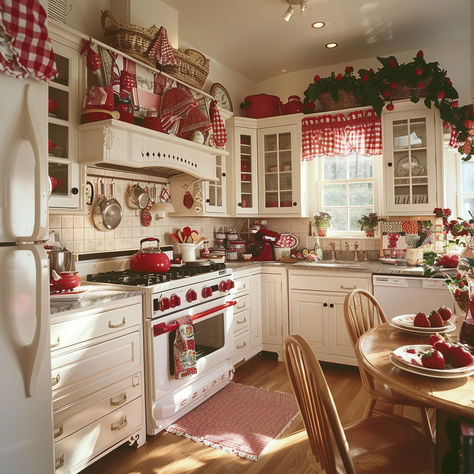 Red and White Strawberries Country Cottage Kitchen. I love the crisp red and white strawberry kitchen but this has a little more warmth to it. Saving for the accessories inspo Vintage Red Kitchen Decor, Red Themed Kitchen, Red Aesthetic Kitchen, Red Kitchen Aesthetic, Kitchen With Red Accents, White And Red Kitchen, Preppy Houses, Witchy Kitchen Aesthetic, Red Kitchen Accents