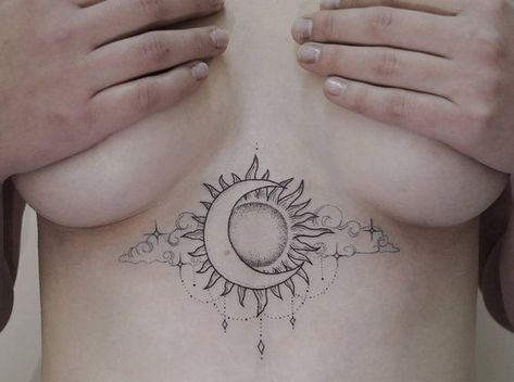 Sternum Tattoos, Tattoos Pinterest, Moon Sun Tattoo, Sun And Moon Tattoo, Tattoo Moon, Underboob Tattoo, Moon Tattoo Designs, 4 Tattoo, Sun Tattoos