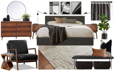 Modern Industrial Master Bed, Bedding For Black Bed Frame, Industrial Theme Bedroom, Malm Bedroom Ideas Black, Bachelor Decor Ideas, Black White Tan Bedroom, Black White Brown Bedroom, Black And Wood Bedroom Ideas, Black And Natural Wood Bedroom