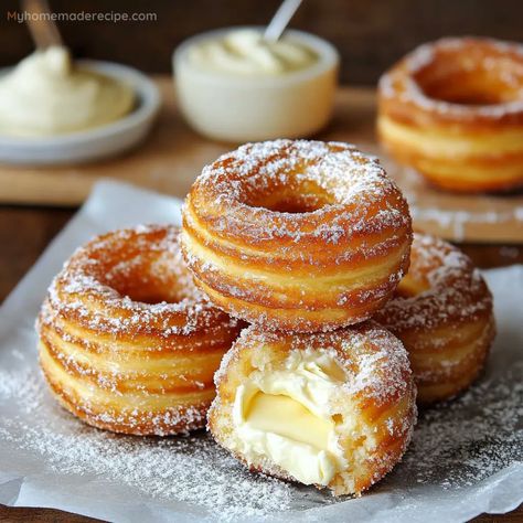 Homemade Cronuts - Flaky, Buttery, and Delicious - My Home Made Recipe Homemade Cronuts Recipe, Quick And Easy Pastry Recipes, Best Donut Recipe Homemade, Crosont Recipes, Crispy Cream Donuts Recipe, Cream Filled Donut Recipe, Cronuts Recipe, Cream Donut Recipe, Cronut Recipe