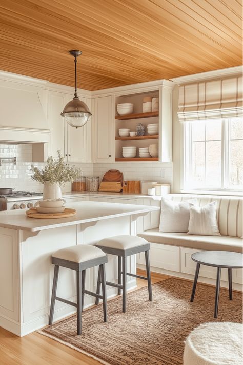 How can you add extra seating without crowding your kitchen? I’ve found built-in benches to be the perfect solution for small L-shaped kitchens with islands! They’re cozy, efficient, and save space while creating a warm spot for coffee or hosting friends. Paired with your island, it transforms the area into a multifunctional hub. Imagine the charm and functionality this idea could bring to your space! Two Seat Island, C Shaped Kitchen With Island, Kitchen Island With Built In Seating, Kitchen With Seating Area, Island With Bench Seating, Kitchen Island Without Seating, Island Bench Kitchen, U Shaped Kitchen Ideas, Small Kitchen Design With Island