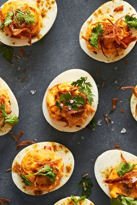 Harissa Deviled Eggs Garden Party Foods, Easy Recipes To Impress, Appetizers Easy Recipes, Super Bowl Finger Foods, Keto Bites, Seder Dinner, Thanksgiving Apps, Better Eating Habits, Brunch Snacks