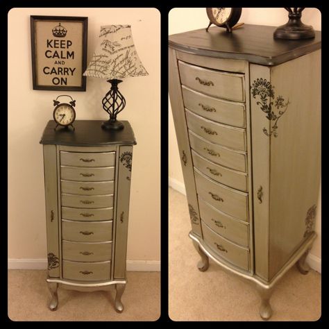 Metallic silver and black jewelry armoire by Furniture Alchemy- Modern masters paint, painted furniture, painted dresser, antique silver paint Jewelry Armoire Makeover, Upcycled Furniture Before And After, Painted Jewelry Armoire, Armoire Makeover, Jewelry Cases, Jewelry Box Makeover, Standing Jewelry Armoire, Upcycled Furniture Diy, Painted Floor