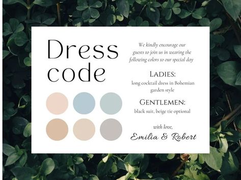 Dress Code Details Card, Wedding Dress Code Policy, Minimalist Wedding Guest Attire Template, Guest Color Guide, Party Neutral Tone Palette - Etsy Guest Details What To Wear And Color Scheme Wedding Invitation, Wedding Dress Code Guide For Guests, Wedding Dress Code Guide Wording, Wedding Guest Attire Guide Dress Codes, Wedding Guest Attire Guide Invitation, Wedding Guest Color Palette Dress Code, Dresscode Wedding Invitation, Wedding Dress Code Color Palette, Wedding Guest Dress Code Color Scheme