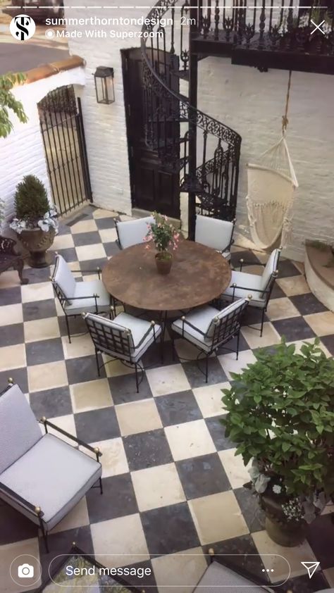 Checkered Floor Outdoor, Outdoor Black And White Tile, Cream And Black Checkered Floor, Checkered Outdoor Tiles, Black And White Checkered Patio Floor, Black And White Tile Patio, Checkered Outdoor Patio, Black And White Patio Tiles, Black And Tan Checkered Floor