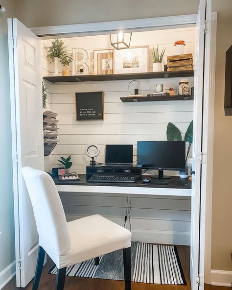 Open Closet Ideas Office, Small Closet With Desk And Clothes, Home Office Design Small Spare Room, Build In Desk In Bedroom, Small Guest Closet Ideas, Hall Closet Turned Office, Closet Made Into Desk Area, Bedroom Closet Into Office, Cloffice With Doors