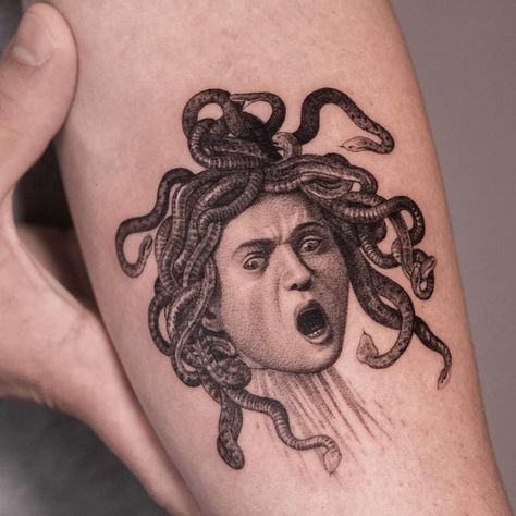 Medusa Tattoos: Meanings, Tattoo Designs & Artists Medusa Painting, Medusa Tattoos, Caravaggio Paintings, Medusa Tattoo Design, Sketch Style Tattoos, Medusa Art, Tattoo Meanings, Statue Tattoo, Medusa Tattoo