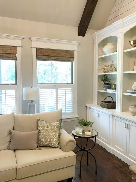 Enhancing Our Home With Cafe Shutters Shutters Exterior Brick House, Shutters Exterior Brick, Farmhouse Window Treatments Living Room, Interior Shutters Living Room, Window Treatments Living Room Farmhouse, Shutters Interior Window, Cafe Shutters, Shutter Window Treatments, Living Room Shutters