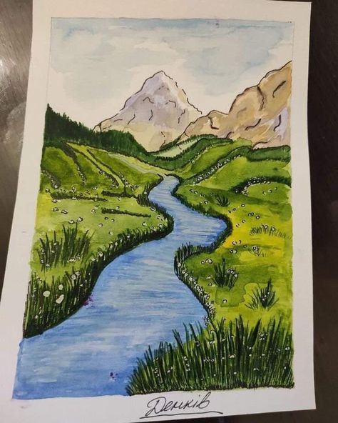 Natural Drawing Watercolor, Simple Nature Drawings Color, Nature Drawing With Watercolors, Cute Nature Drawings Simple, Landscapes To Draw Easy, Nature Drawing Watercolor Easy, Easy Drawing Of Nature, Nature Drawings Landscapes, Nature Drawings Simple Sketch Landscape