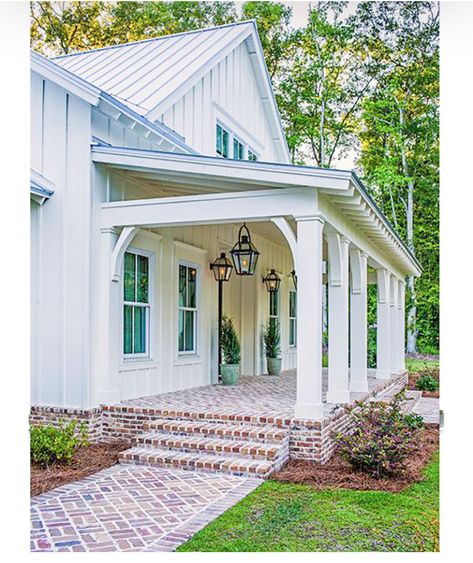 Natural Brick Fireplace, Exterior Upgrades, Brick Farmhouse, Brick Fireplaces, Brick Porch, Painted Brick Fireplaces, Brick Steps, Yay Or Nay, Modern Farmhouse Exterior