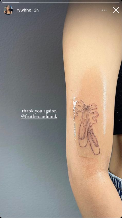 Dance Fine Line Tattoo, Tiny Ballet Tattoo, Ballerina Slippers Tattoo, Balletcore Tattoo, Ballet Tattoo Aesthetic, Meaningful Dance Tattoos, Ballet Inspired Tattoos, Ballet Shoes Tattoo Minimalist, Nutcracker Ballet Tattoo