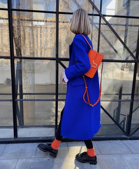 Cobalt Blue Outfit Color Combos, Cobalt Blue Jacket Outfit, Bright Blue Outfit Aesthetic, Cobalt Coat Outfits, Royal Blue Coat Outfit, Bright Blue Coat Outfit, Cobalt Blue Coat Outfit, Bright Blue Cardigan Outfit, Blue Beanie Outfit