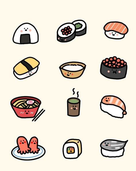 Cute Food Art Drawing, Food Drawing Easy, Food Drawing Ideas, Sushi Drawing, Bahasa Jepun, 귀여운 음식 그림, Desain Quilling, Cute Easy Doodles, Tattoo Fails