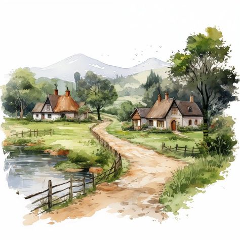 #Пляжи #Океан Watercolor Village Landscape, Landscape Sketch Watercolor, Watercolor Village Painting, Landscape Village Paintings, Village Drawing Landscapes Watercolor, Villages Drawing, Watercolor Art Landscape Village, Landscape Paintings Village, Village Drawing Landscapes