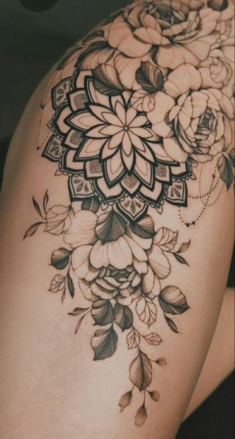 Thigh Hip Tattoo, Mandala Thigh Tattoo, Flower Hip Tattoos, Mandala Tattoo Designs, Hip Tattoo Designs, Floral Thigh Tattoos, Hip Thigh Tattoos, Hip Tattoos Women, Beautiful Mandala