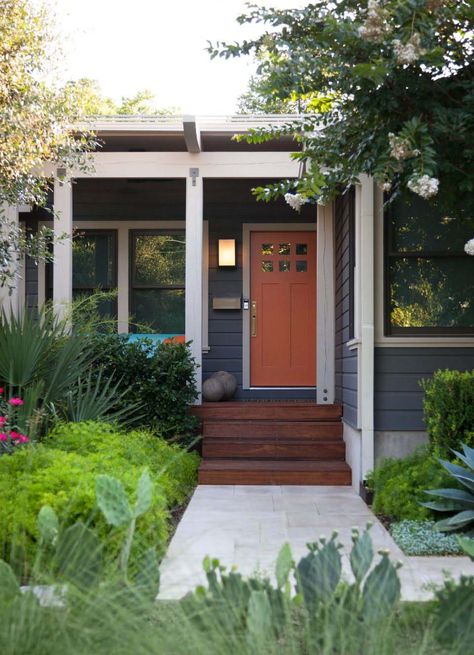 Backyard oasis in Austin with fabulous outdoor living spaces Orange Front Doors, Gray House Exterior, Exterior Color Palette, Gray House, Grey House, Amazing Homes, Craftsman Exterior, Grey Houses, Grey Exterior