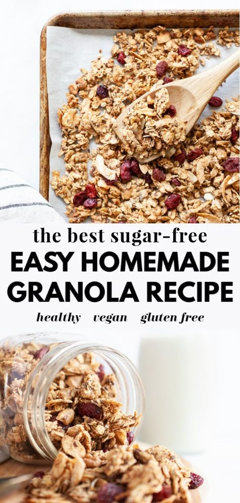 Try this delicious, simple, and healthy homemade granola recipe that’s very easy to make, vegan, gluten free, clean eating friendly, low carb, and sugar free. This no sugar recipe is sweetened naturally with sugar substitute stevia, and has almond butter, coconut, vanilla, and cinnamon! Homemade Sugar Free Granola, Sugar Free Granola Recipe, Gluten Free Granola Recipe, Healthy Homemade Granola Recipe, Low Sugar Granola, Sugar Free Granola, Homemade Granola Recipe, Easy Homemade Granola, Homemade Granola Healthy