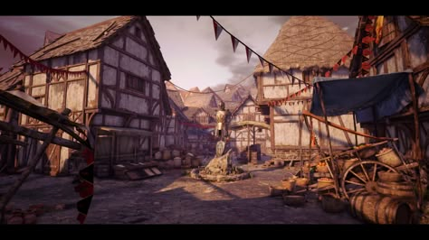 Medieval Village (Artstation King Arthur - Game Environment) — polycount Village Games, Dnd Backgrounds, Medieval Fair, Medieval Market, House Silhouette, Fantasy Shop, Medieval Village, Medieval Houses, Game Environment