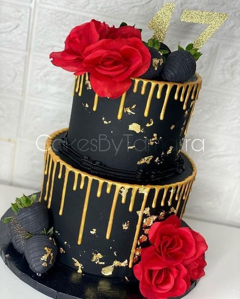 Red Black And Gold Birthday Cake, Red Black And Gold Cake Birthday For Men, 3 Layer Cake Designs Birthday, Baddie Cake Ideas, Red Black And Gold Cake, Red And Black Cake Ideas Birthdays, Baddie Cake, 70 Cake, Black And Gold Birthday Cake