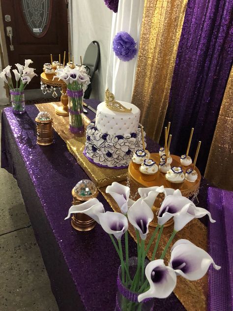 Party ideas Purple And Gold 50th Birthday Party, Gold And Purple Birthday Decorations, Purple And Gold Graduation Party Ideas, Purple And Gold Party Decorations, Purple And Gold Birthday Party, Purple And Gold Party, Deco Violet, Purple Party Decorations, Gold Birthday Decorations