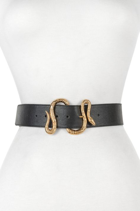 A boho take on the snake buckle trend with a gold-tone slithering snake. Gold Snake Belt, Belt Fashion Women, Snake Belt Buckle, Black Gold Belt, Belt Buckles Womens, Snake Belt Outfit, Belt Buckle Design, Snake Outfits, Fun Belts