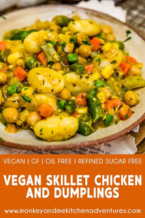 This healthy, creamy Vegan Skillet “Chicken” and Dumplings is brimming with nourishing veggies and gnocchi all bathed in an aromatic, luscious gravy. #vegan #oilfree #glutenfree #plantbased | monkeyandmekitchenadventures.com Vegan Skillet, Gravy Vegan, Marinated Tempeh, Monkey And Me, How To Cook Gnocchi, Marinated Tofu, Veggie Food, Sauteed Veggies, Frozen Veggies