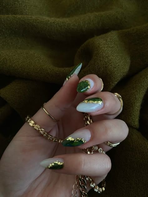 White And Green Nails With Designs, Gold Leaf Nails Green, Dark Green And White Nails Acrylic, Boho Nails Green, Green And Gold Coffin Acrylic Nails, Green Gold Almond Nails, White Gold Green Nails, Good And Green Nails, Tog Inspired Nails