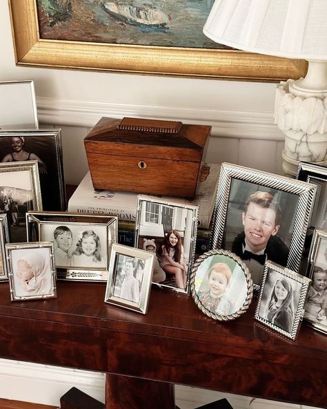 All Posts • Instagram Frames On Table Display, Photo Frame Display Ideas Table, Layered Photos On Shelf, Framed Photos On Table, Decorate With Family Photos, Photo Frames On Table, Framed Family Photos, Trying To Be Better, Mantle Styling