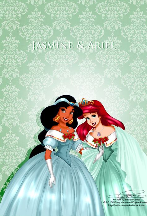 Vintage Christmas - Jasmine and Ariel by selinmarsou on DeviantArt Disney Princess Friends, Jasmine Aladdin, Disney Princess Jasmine, Disney Princesses And Princes, Disney Jasmine, Ariel Disney, Disney Princess Fashion, Princesses Disney, Christmas Artwork