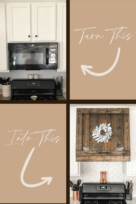 Keep the storage and update your kitchen with this fun tutorial on building a hood cover! Diy Stove Hood Farmhouse, Cover Microwave Above Stove, Diy Oven Hood Cover, Microwave Cover Ideas, Easy Diy Range Hood Cover, Remove Microwave Above Stove Add Hood, Diy Stove Hood Cover, Kitchen Hood Vents Ideas, Faux Hood Over Microwave