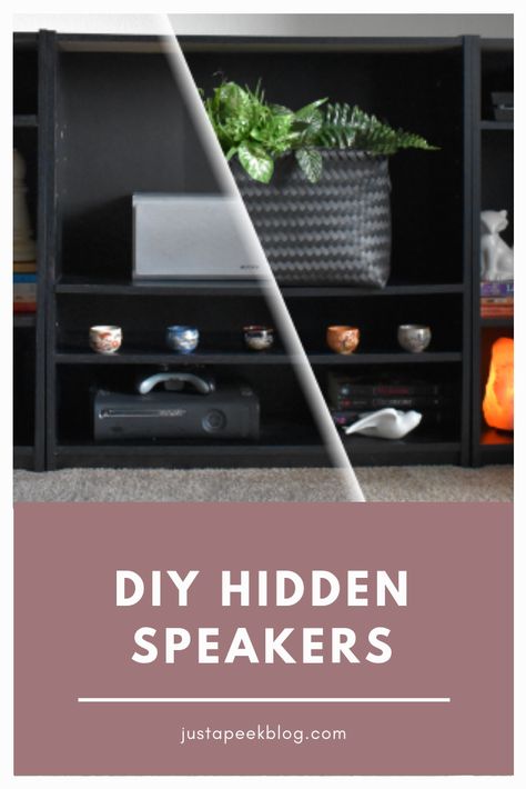 How to Easily Hide Stereo Speakers (DIY) – Kitten Around the Kitchen How To Hide Speakers, How To Hide Speakers Living Rooms, Yellow Spray Paint, Hidden Book, Black Speaker, Center Speaker, Tower Speakers, Black Basket, Small Speakers