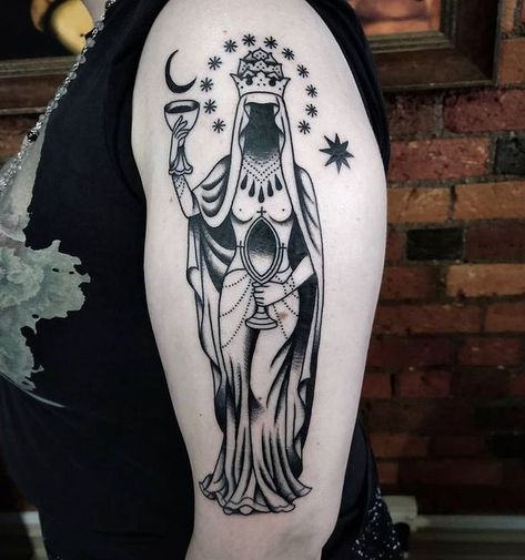 High Priestess Tattoo Design, Chalice Well Tattoo, Dark Virgo Tattoo, 3 Of Cups Tattoo, Queen Of Pentacles Tattoo, Traditional Witchy Tattoos, Esoteric Tattoo Spiritual, The Empress Tattoo, The Fates Tattoos