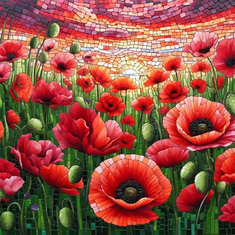 #poppies #mosaic Poppy Mosaic, Paper Mosaic, Floral Mosaic, Etching Prints, Mosaic Garden, Poppy Field, Antique Frames, Art Deco Interior, Mosaic Patterns