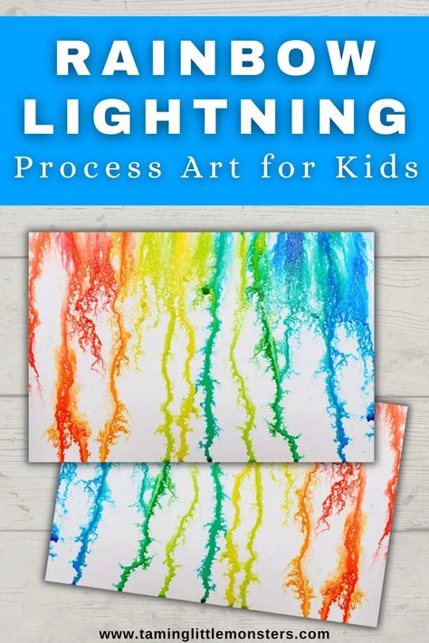 How to Make Rainbow Lightning (Process Art for Kids) - Taming Little Monsters Science Art Kindergarten, Stem Art Projects Elementary, Creative Discovery For Preschool, Prek Creative Arts Activities, Prek Back To School Art Activities, Lightning Craft Preschool, Lightning Preschool Activities, Stem Art For Toddlers, Process Art For Prek