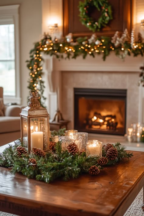 Transform your living room into a warm winter haven with festive garlands, pine cones, and glowing candles. Embrace the winter home decor spirit and create a cozy atmosphere perfect for the season. #WinterHomeDecor #CozyVibes #HolidayDecor Warm Cozy Christmas Aesthetic, Cozy Holiday Living Room, Christmas Warm Aesthetic, Cozy Christmas Decor Living Room, Warm Cozy Christmas, Christmas Decor Ideas Cozy, Christmas Woodland Theme, Warm And Cozy Christmas Decor, Christmas Decor Ideas For Tv Stand