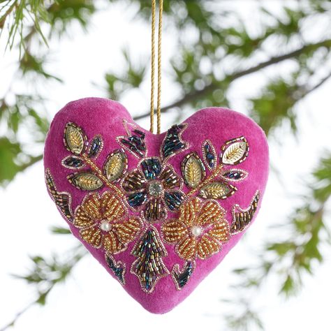 Beaded Velvet Floral Heart Ornament - World Market Velvet Ornaments, Embroidered Christmas Ornaments, Embroidery Ornaments, Velvet Heart, Animal Quilts, Floral Heart, Craft Night, Jingle All The Way, Heart Ornament