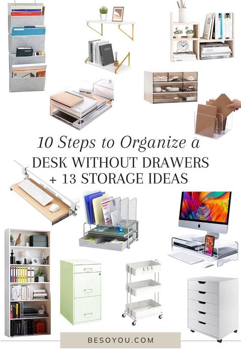 Desk For Small Spaces With Storage, Work Desk Storage, Office Space Organization At Work, Tiny Office Organization Ideas, Office Drawers Storage, Storage For Desk Without Drawers, Office Organization Inspiration, On Desk Organization, Desk Without Drawers Organization