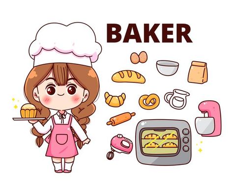 Baker Drawing, Baking Drawing, Cartoon Art Illustration, Hall Decorations, Cute Bakery, Party Cartoon, Food Drawings, Girl Cooking, Cute Baking