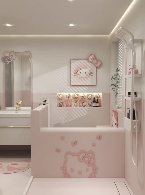 My Melody Bathroom, Hello Kitty Bathroom, Hello Kitty Bedroom, Themed Bathroom, Pink Baths, Interior Room, Kids Interior Room, Cute Bedroom Decor, Pink Bathroom