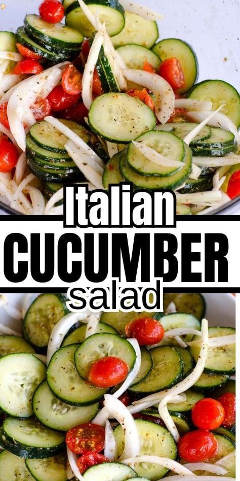 Sliced cucumbers, onions, tomatoes and spices sitting in Italian dressing. Cucumber Side Salad, Italian Cucumber Salad, Best Cucumber Salad, Cucumber Side, Summer Bbq Side Dishes, Kfc Coleslaw Recipe, Tomato Mozzarella Salad, Easy Broccoli Salad, Bbq Side Dish