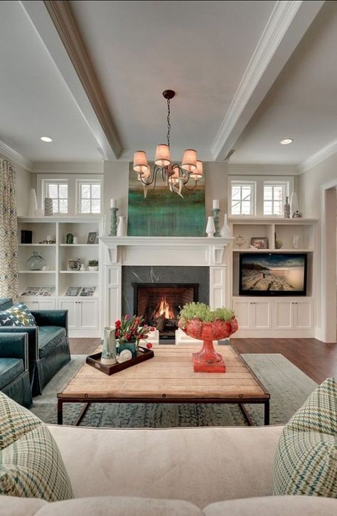 Fireplace Cabinetry Inspiration - Windows Above Built-In Shelves:                                                                                                                                                                                 More Craftsman Bookcase, Fireplace Bookshelves, Fireplace Built Ins, Built In Cabinets, Fireplace Mantel, Built In Shelves, Fireplace Design, A Living Room, A Tv