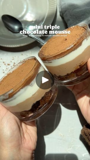 11K views · 1.3K reactions | Triple chocolate mousse recipe ✨🍫

Ingredients ( makes 6-8 mini dessert cups)

1 1/3 cup heavy whipping cream
1/3 cup condensed milk 
4 oz milk or semi sweet chocolate 
4-6 slices of brownies (recipe in previous reels or you can use store bought )
Cocoa powder for dusting 

Method:

Melt chocolate and divide into two portions  add 1/3 cup cream into one part of melted chocolate, mix well and set aside. That’s the first layer.

In a large mixing bowl add rest of the heavy whipping cream. Add condensed milk and blend until stiff peaks form. Divide the cream mixture into two equal parts. The divided one part is the second layer

Fold remaining whipped cream into reserved melted chocolate. Thats the third layer 

 Assembly: 

Start with brownie layer then assemble Triple Chocolate Mousse, Mini Dessert Cups, Chocolate Mousse Recipe, Mini Dessert, Mousse Recipes, Brownies Recipe, Melted Chocolate, Chocolate Mix, Whipping Cream