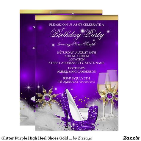 Glitter Purple High Heel Shoes Gold Champagne Invitation Glitter Purple High Heel Shoes, Silver Gold Champagne Birthday Party Invitation. Elegant Purple Silver, gold. Customize with your own details and age. Template for Sweet 16, 16th, Quinceanera 15th, 18th, 20th, 21st, 30th, 40th, 50th, 60th, 70th, 80th, 90, 100th, Fabulous product for Adult Women, teen Girls ❤ Affiliate ad link.  Fun birthday party invites - customize your invitations or products. #birthdayparty #invites #invitations Pink High Heel Shoes, Purple High Heels, Champagne Birthday, Gold High Heels, Woman Birthday Party, Champagne Party, Pink High Heels, Shoes Silver, Gold Champagne