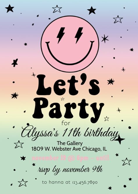 Preppy Birthday Invitations Template, 11 Birthday Invitations, Smiley Face Invitations, Smiley Face Birthday Invitations, Free Smiley Faces, Preppy Smiley Face, Bounce House Birthday Party, Teen Birthday Invitations, House Birthday Party