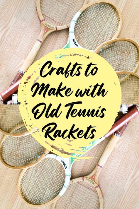 Ever wondered what you could do with those old wooden tennis rackets you see at thrift stores? Or maybe you even have some hiding in your garage! There are lots of ways to repurpose them, from decor to furniture to even jewelry! Wooden Tennis Racket Decor, Old Tennis Rackets Ideas, Tennis Racquet Decor, Tennis Racket Art, Heirloom Decor, Tennis Crafts, Vintage Tennis Racket, Recycled Diy, Recycling Projects