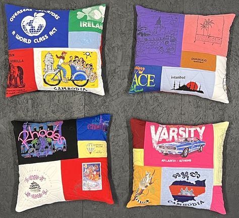 What To Do With Tshirt Scraps, Tshirt Pillow Diy, T Shirt Pillow Diy, T Shirt Pillow, Tshirt Quilt Diy, Tshirt Quilt Pattern, Making Pillows, Shirt Pillows, Quilt Pillow Case